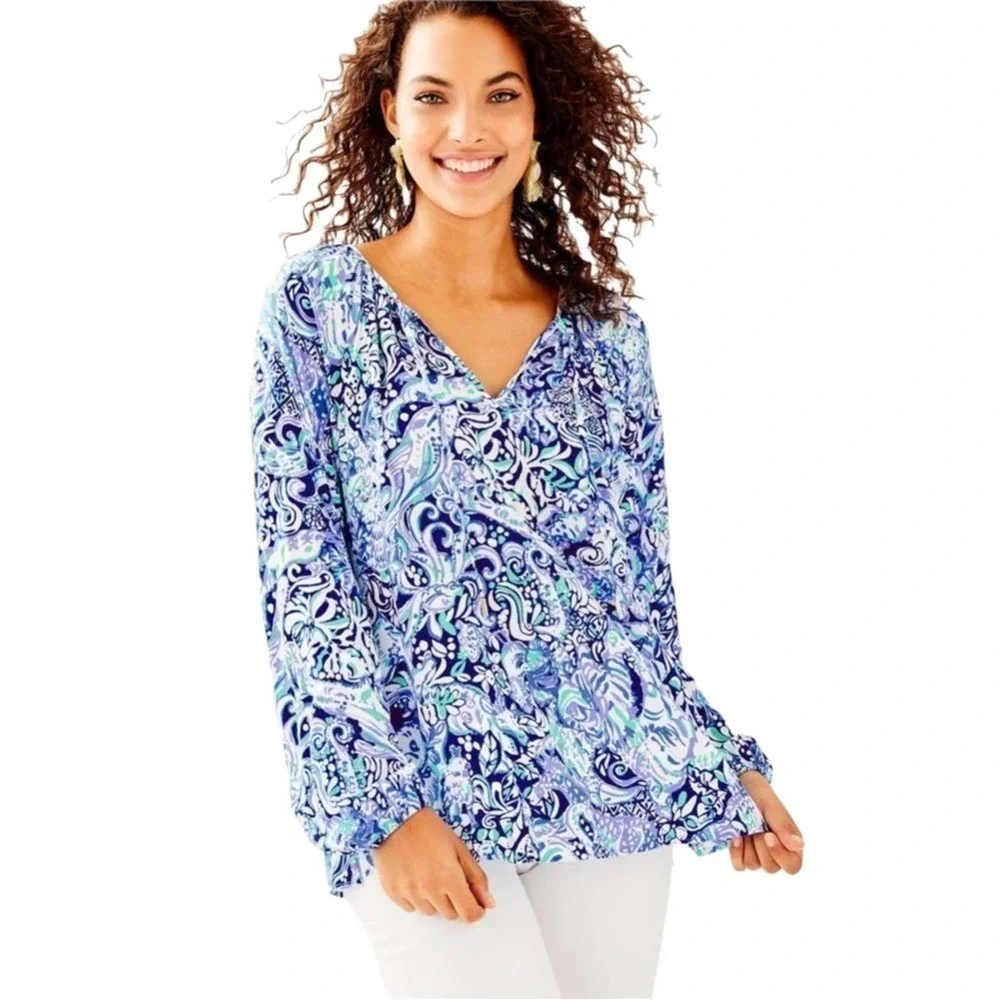 Lilly Pulitzer Willa Blouse Royal Purple 60 Animals Print Size XXS Resortwear